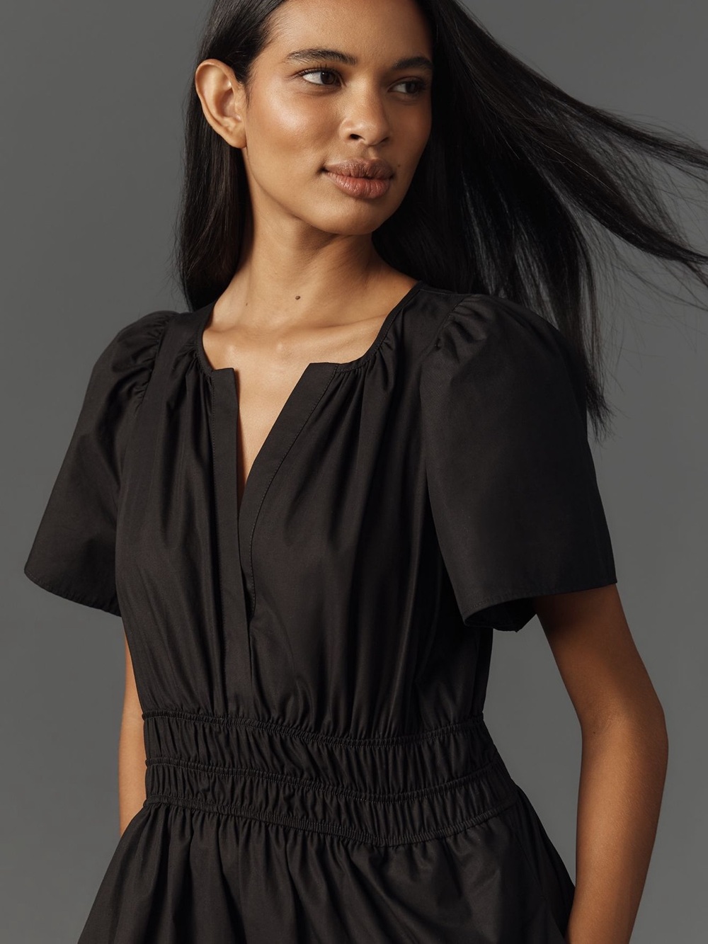 Anthropologie Somerset Mini Dress Black Puff-Sleeve Smocked-Waist Size